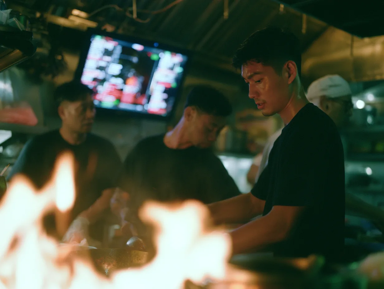 Kitchen crew working the pass under a kitchen display