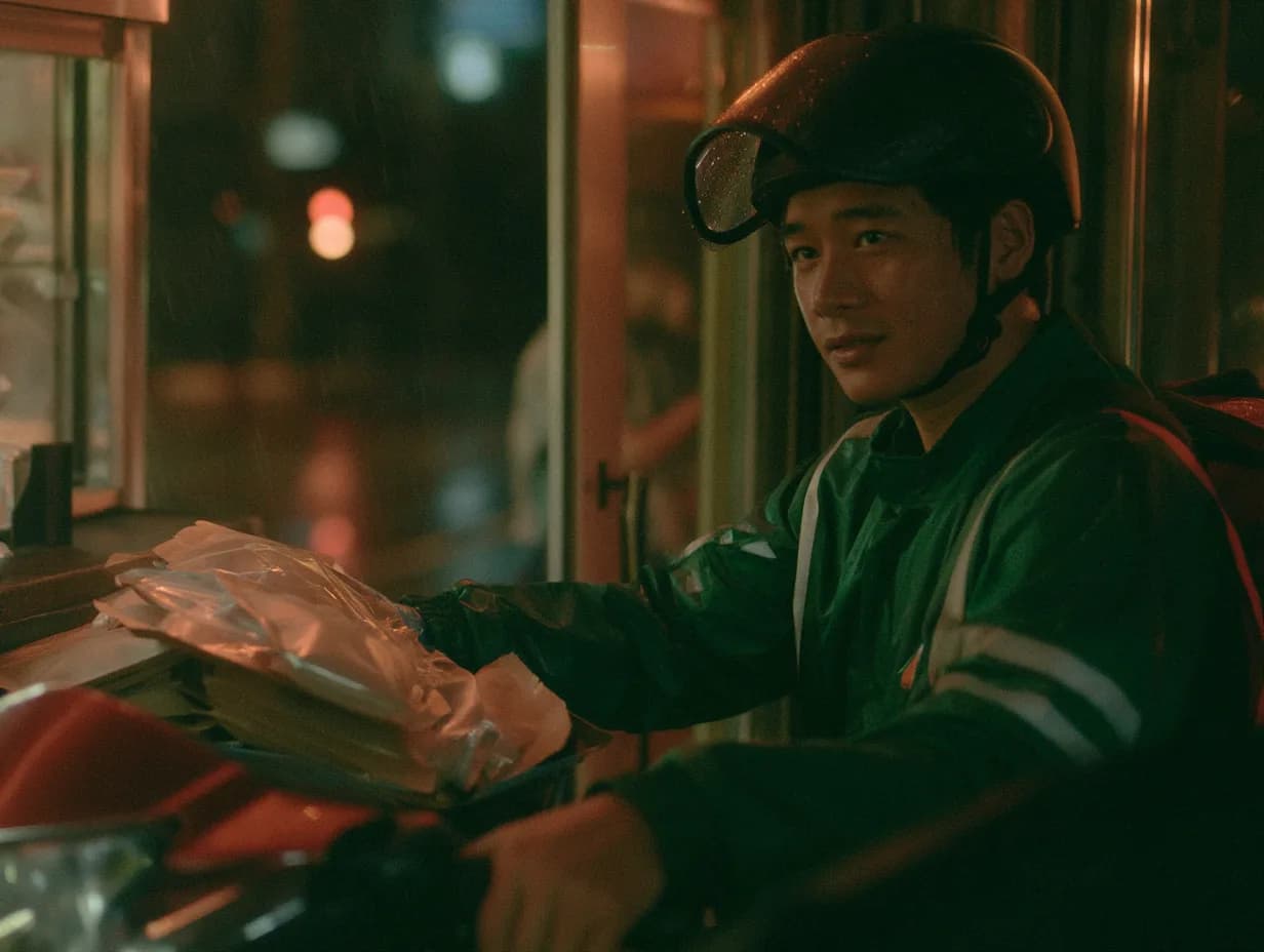 Delivery rider collecting a takeaway order at the counter