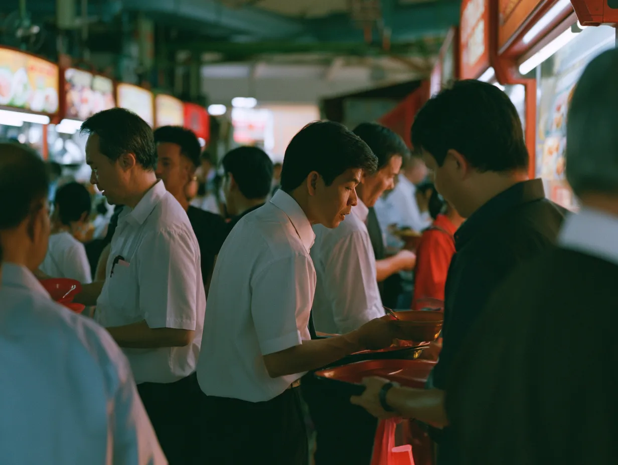 Stallholders serving guests at a Singapore hawker centre