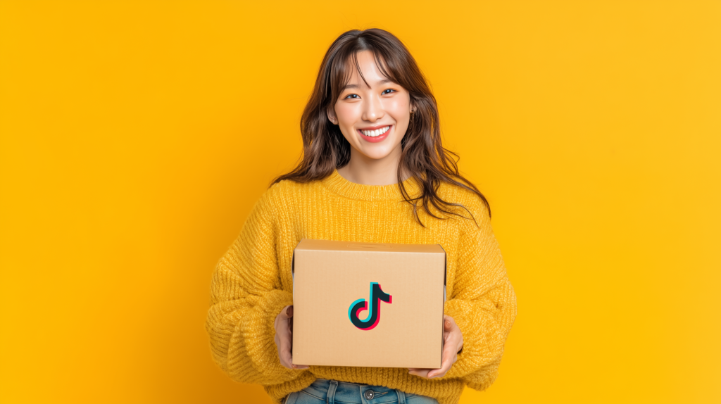 Happy customer receiving a TikTok Shop delivery at home, illustrated in a cheerful cartoon style.