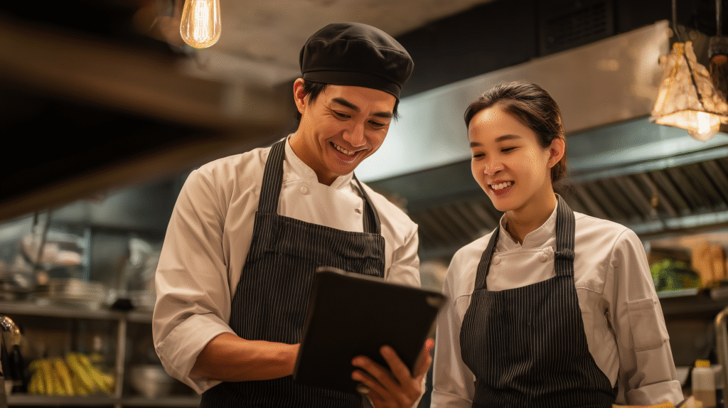 Asian restaurant owner and chef reviewing their new restaurant website on a tablet in a modern kitchen