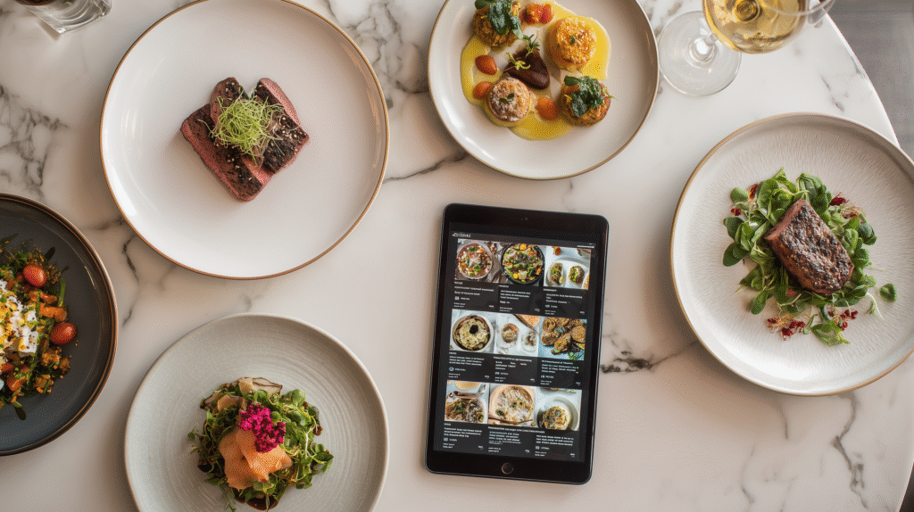 Flat lay of plated dishes on a restaurant table with a tablet showing a modern restaurant website menu